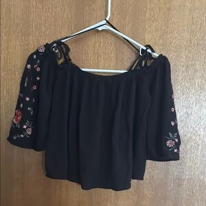 Black Floral Embroidered Off-Shoulder Top